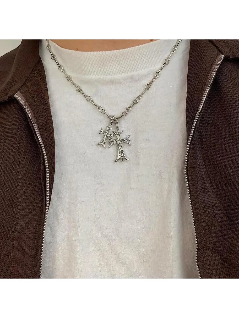Cyber Vintage y2k style Double Cross Silver Necklace. Rhinestone Cross. 19.5